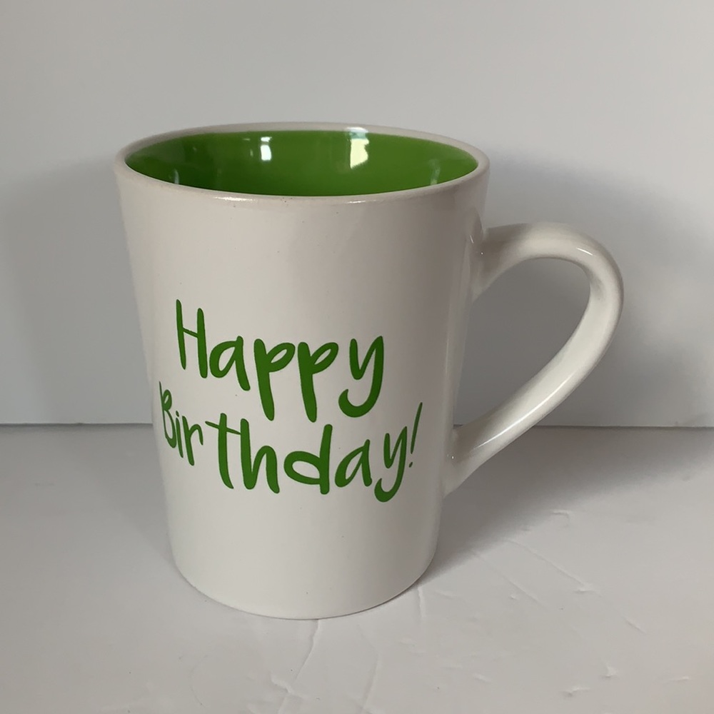 🍀 $10 3/$25! Happy Birthday ceramic mug white green 14oz